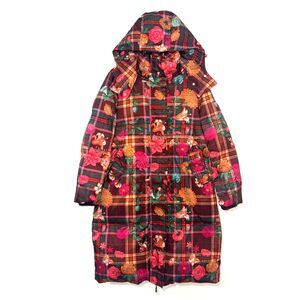RARE Oilily Women's Down Filled Floral Plaid Hooded Long Puffer Coat - Pink M
